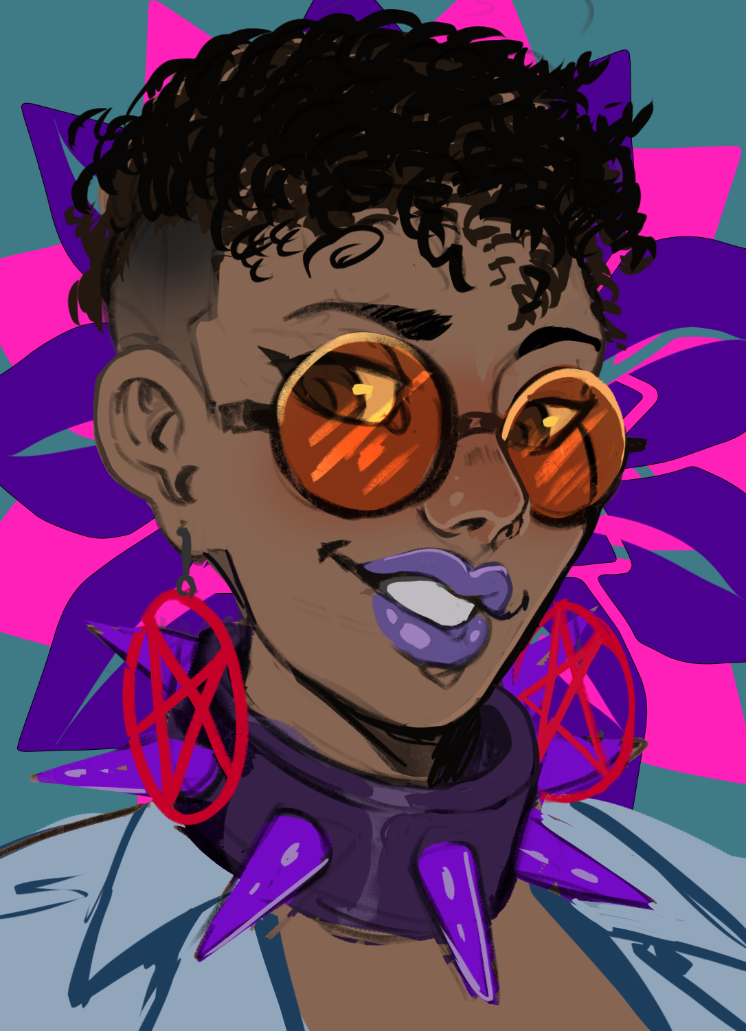 a drawn image of Nova. She's smiling and wearing tinted round glasses, pentacle earrings, and a large spiked choker